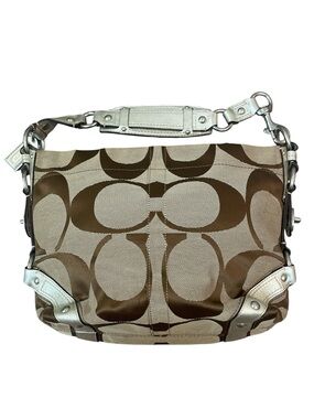Vintage Coach Carly Bag Shoulder Bag Signature Canvas Metallic Silver Trim